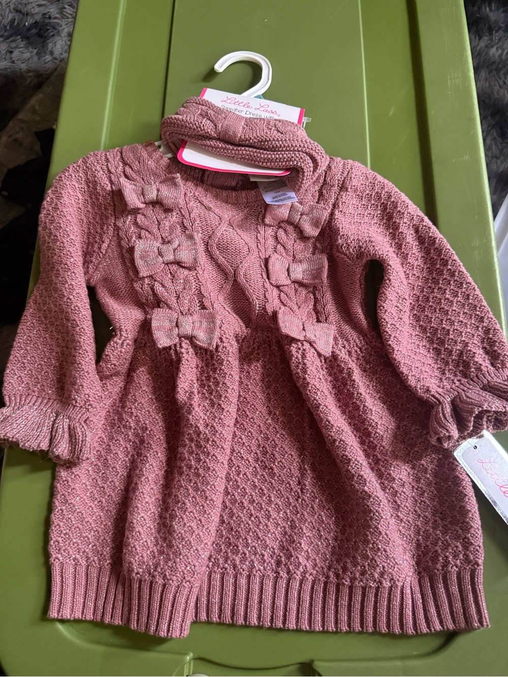 Little Lass Rose Pink Knit Bow-Front Sweater Dress